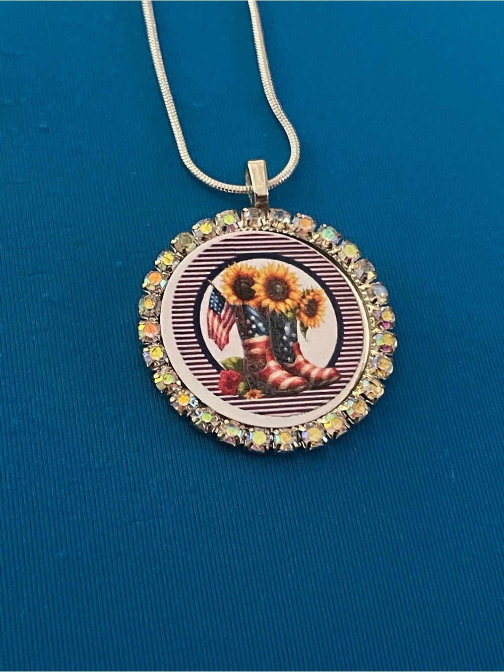 Sunflower & American Flag Cowboy Boots Round Pendant Necklace - Silver